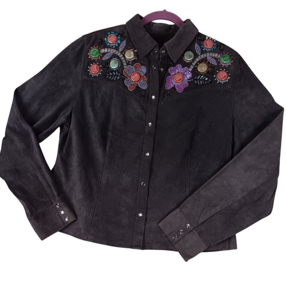 Double D Ranch Vintage Leather Shirt Jacket Women L Purple Bottle Cap Pearl Snap - Picture 4 of 15